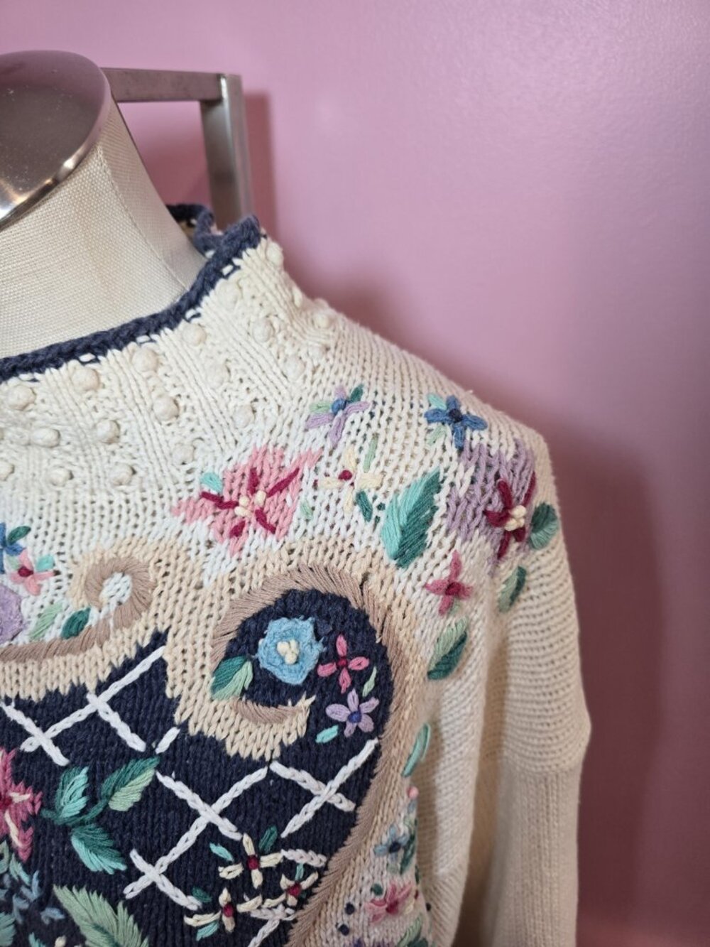 Beldoch Popper Floral Embroidered Knit Sweater Medium Cottagecore Shabby Chic - Picture 11 of 16